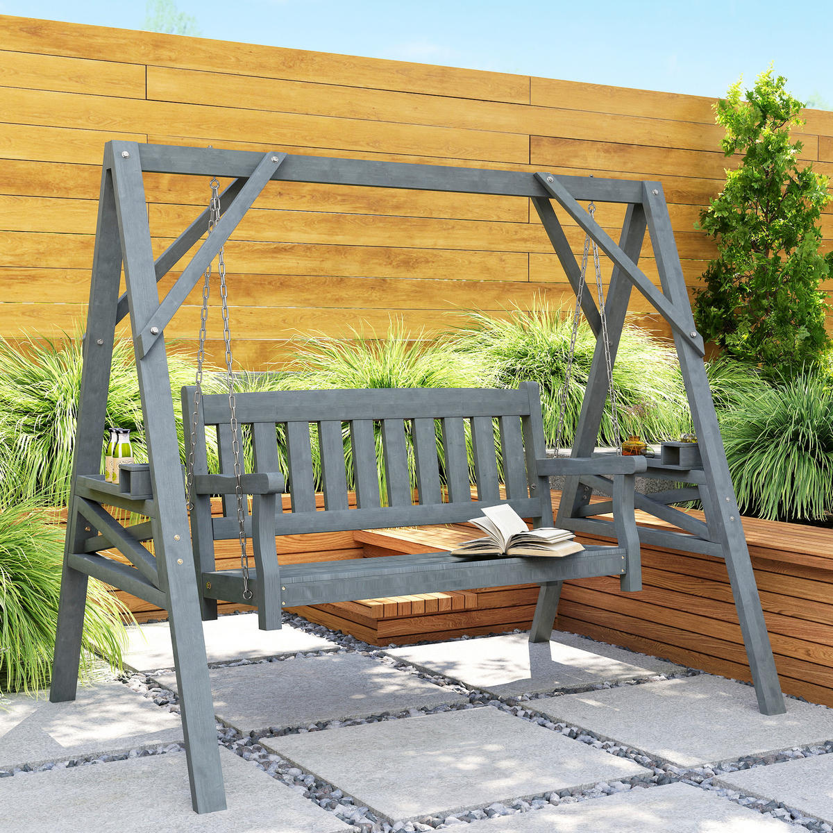 HOLLYWOODSCHAUKEL Grau 183.0/120.0/160.0cm - Grau, Holz (120/160/183cm)