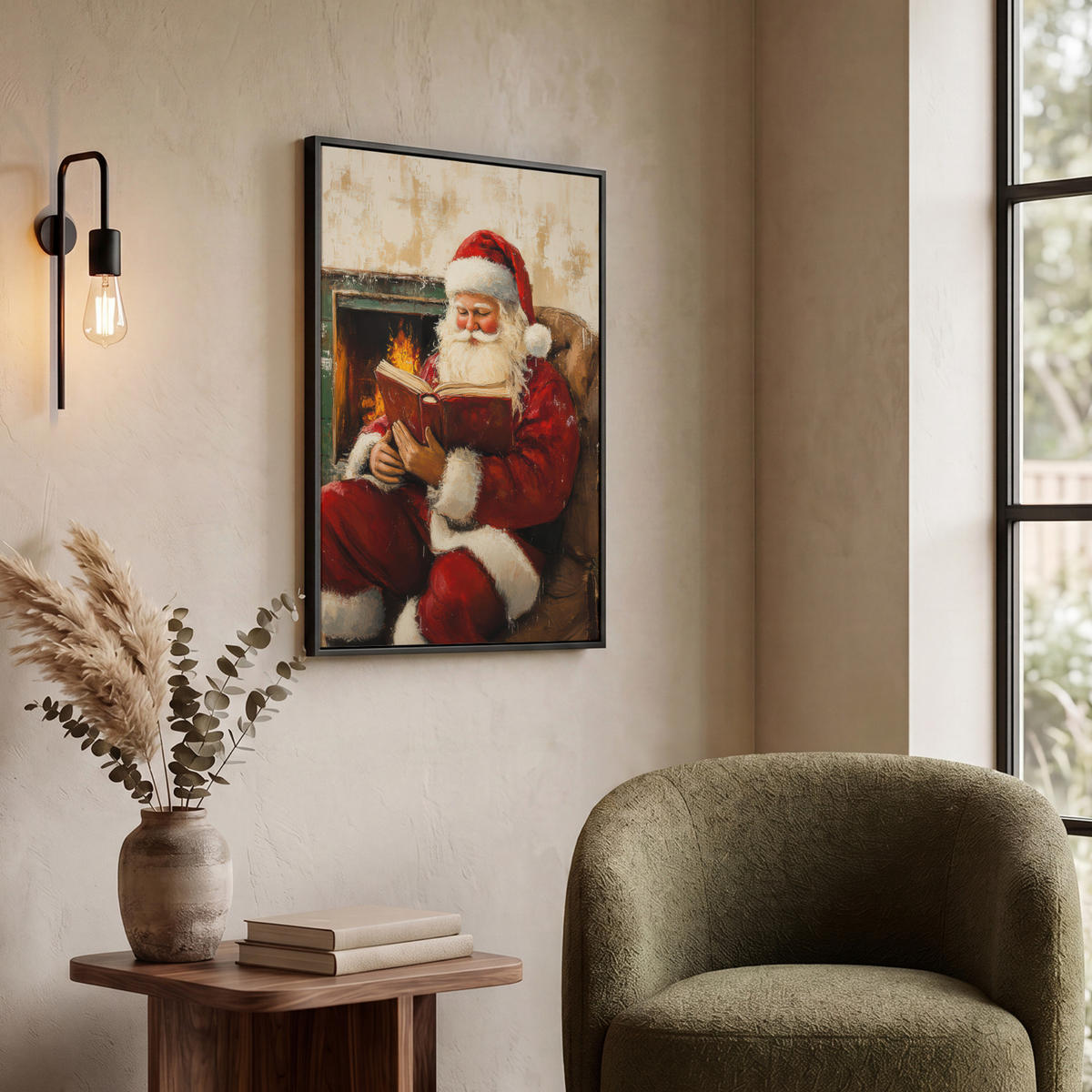 LEINWAND Bilder mit Rahmen - Weihnachten - Weihnachtsmann - Winter - Open Fireside - 60x80 - Dunkelrot, Textil (60/80cm) - MuchoWow