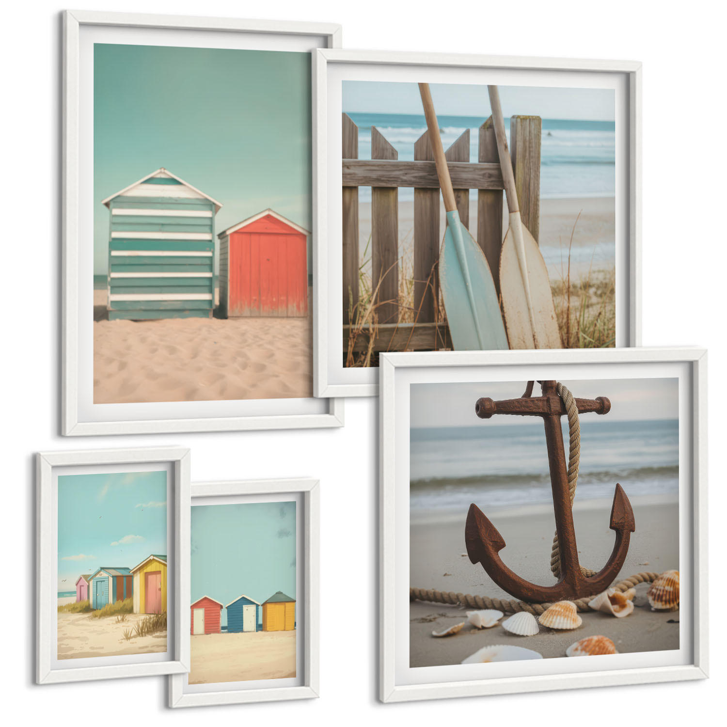 BILDER SET 5er Set - 50x50 cm & 20x30 cm & 40x60 cm Weißer Rahmen - Bunte Häuser, Strand, Sonne - Weiß, Kunststoff (40/60cm) - TULUP
