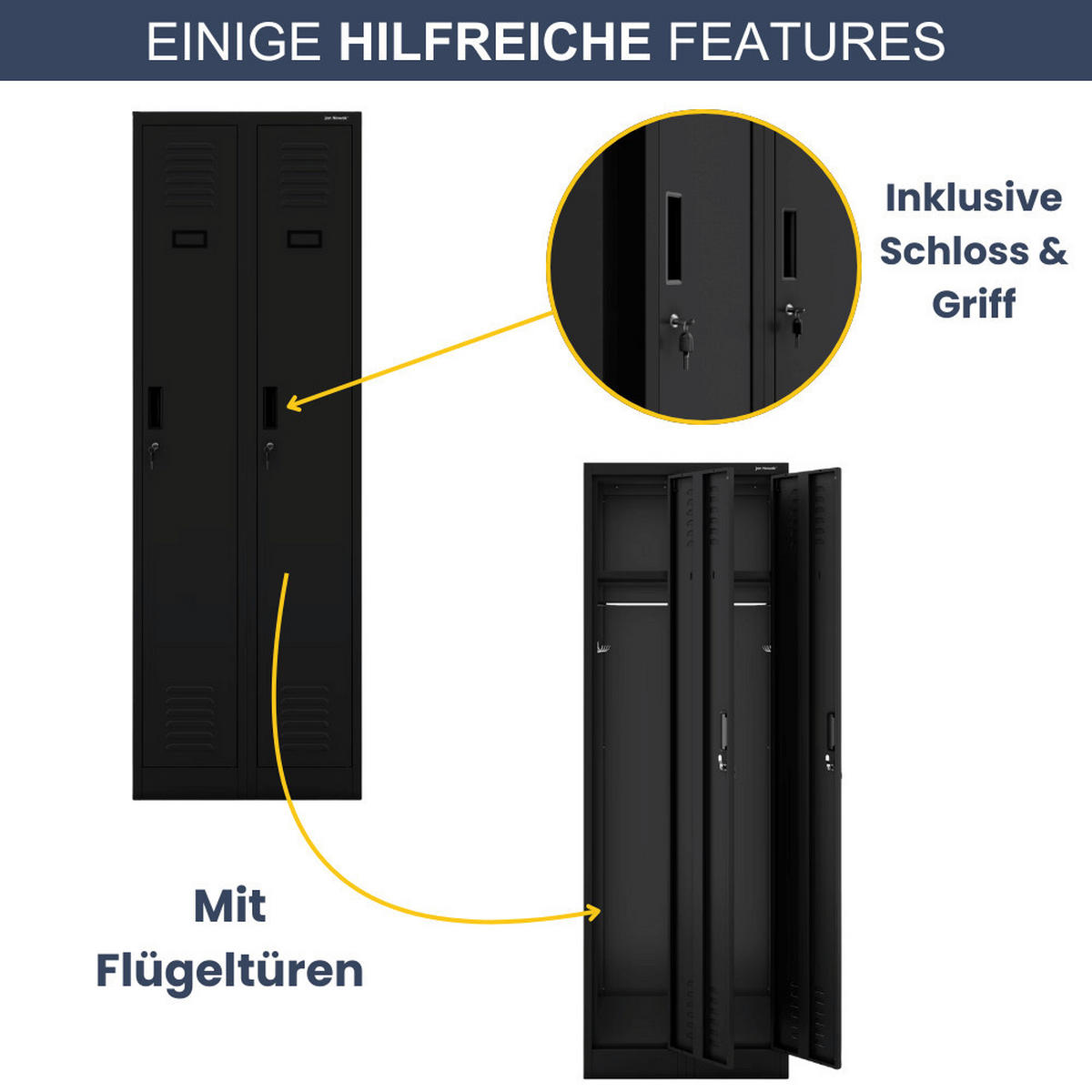 UMKLEIDESCHRANK Spind WIEN 2 Abteile 180x60x50cm Schwarz - Schwarz, Metall (60/180/50cm) - DELUKE