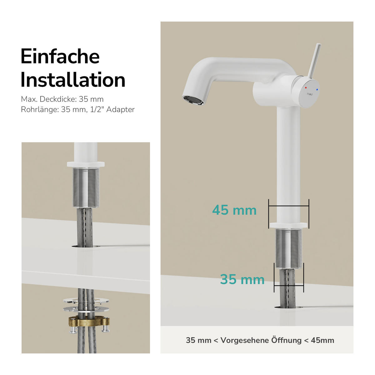 WASCHTISCHARMATUR Ventilkernzertifizierung Weiß Matt 15cm - Weiß, Metall (20/7.6/22.2cm) - EMKE