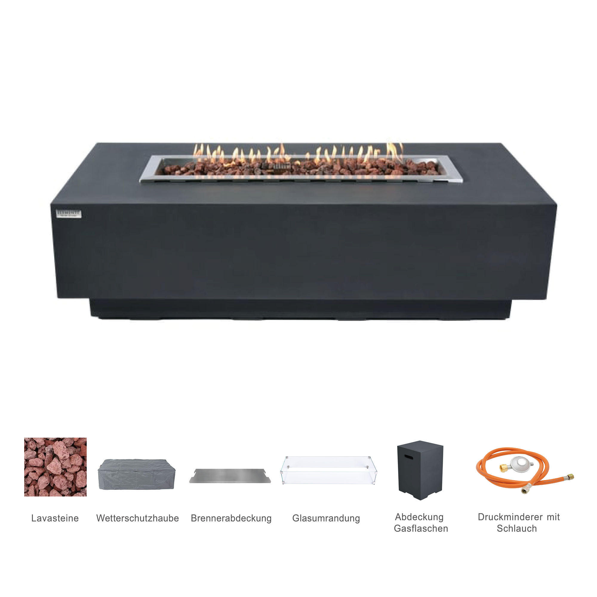 FEUERTISCH Granville Gasfeuerstelle aus GF-Beton - 4-tlg. Set inkl. Glasumrandung, Brennerabdeckung und Gasflaschen-Abdeckung - Dunkelgrau, Naturmaterialien (70/43/152cm) - Elementi