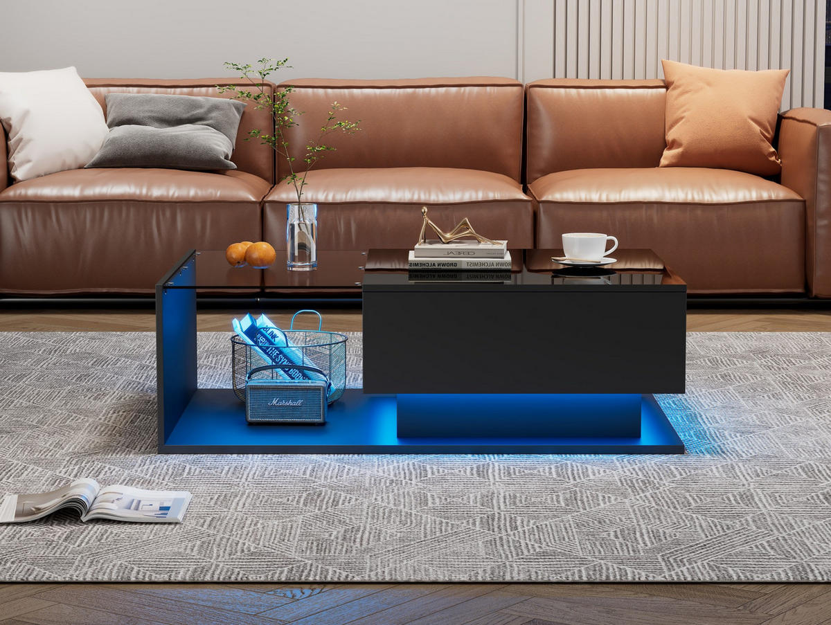 COUCHTISCH 100/50/32 cm in Schwarz mit Glas, Schublade und LED-Beleuchtung - Schwarz, Holzwerkstoff (100/50/32cm) - Flora Grace