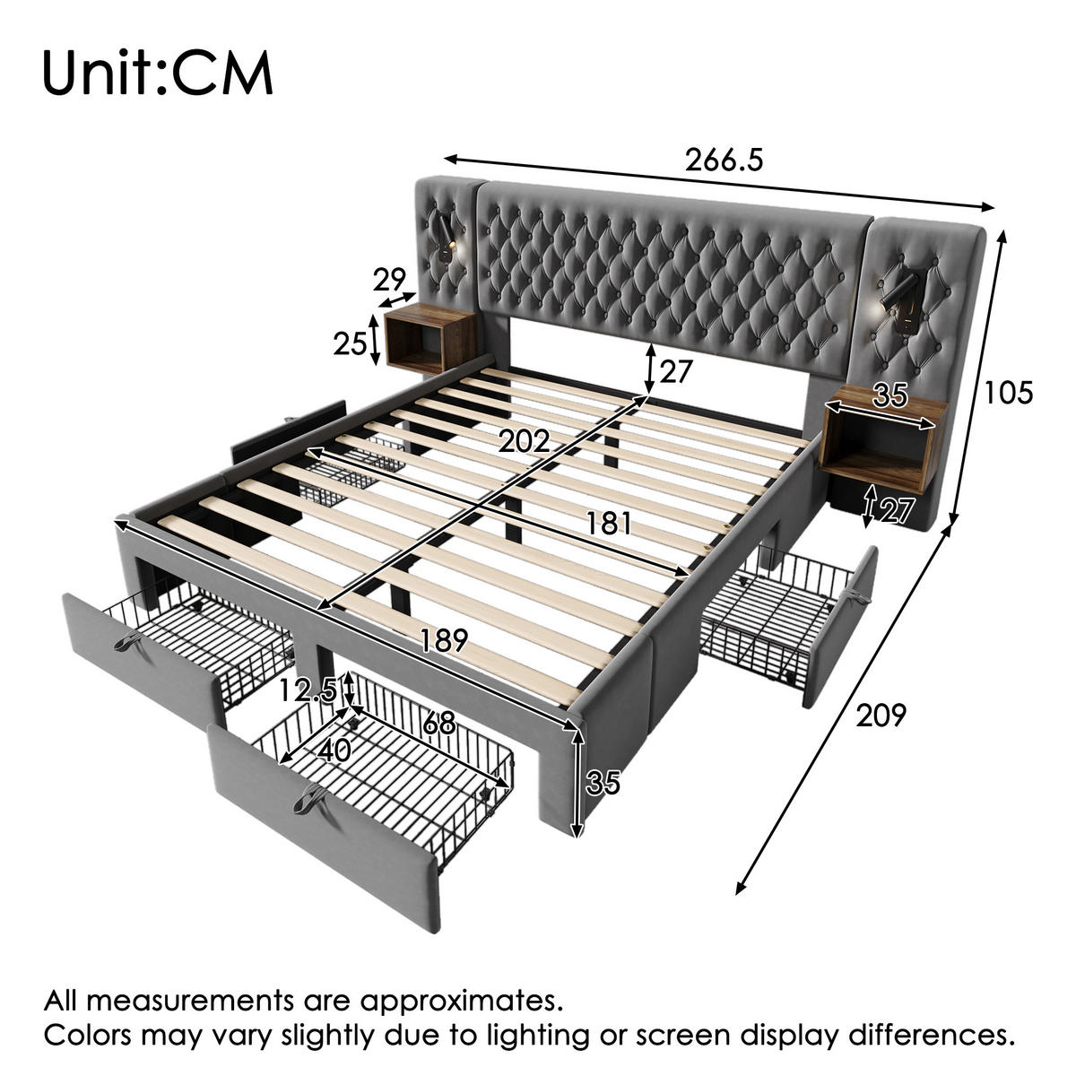 POLSTERBETT 180/200 cm Grau mit Leselicht und 4 Schubladen aus Samt - Grau, Textil (180/200cm) - OKWISH