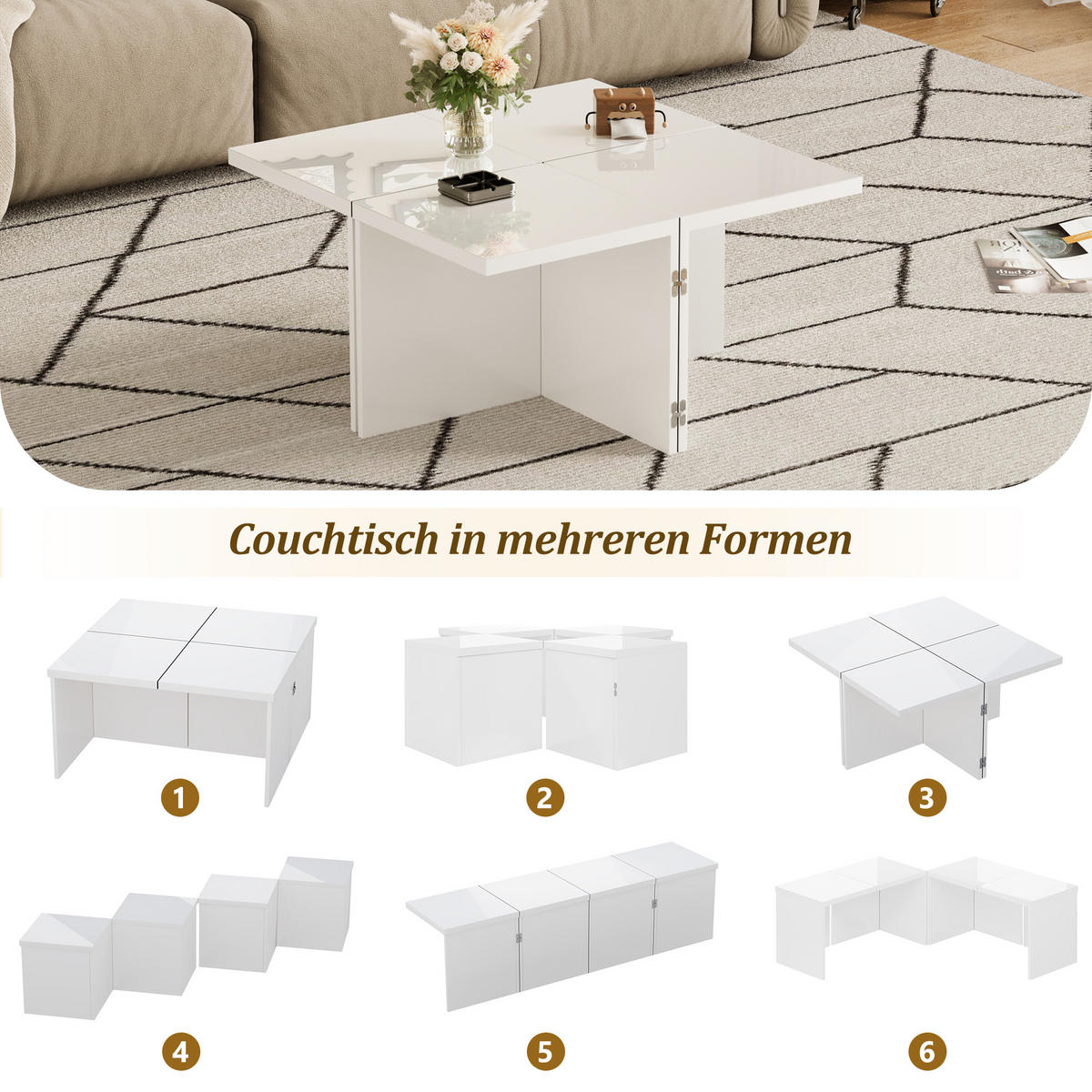 COUCHTISCH Set 81/81/40 cm weiß mit Hochglanz Tischplatte 4-teiliges Set - Weiß, Holzwerkstoff (81/81/40cm) - OKWISH