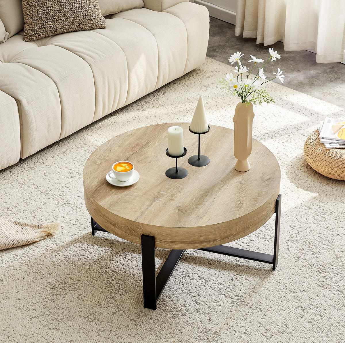 COUCHTISCH 68/68/36 cm aus MDF und Metall mit verdickter Tischplatte und Kreuzgestell, Schwarz, Holzfarben - Schwarz, Holzwerkstoff (68/68/36cm) - Redom