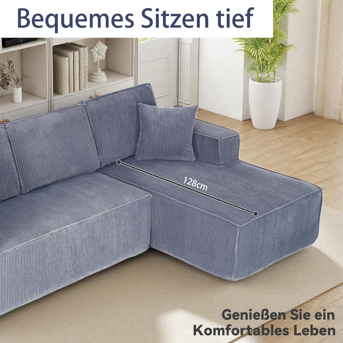 3-SITZER ECKSOFA Cord Grau mit Kissen - Grau, Textil (235/128cm) - WISHDOR