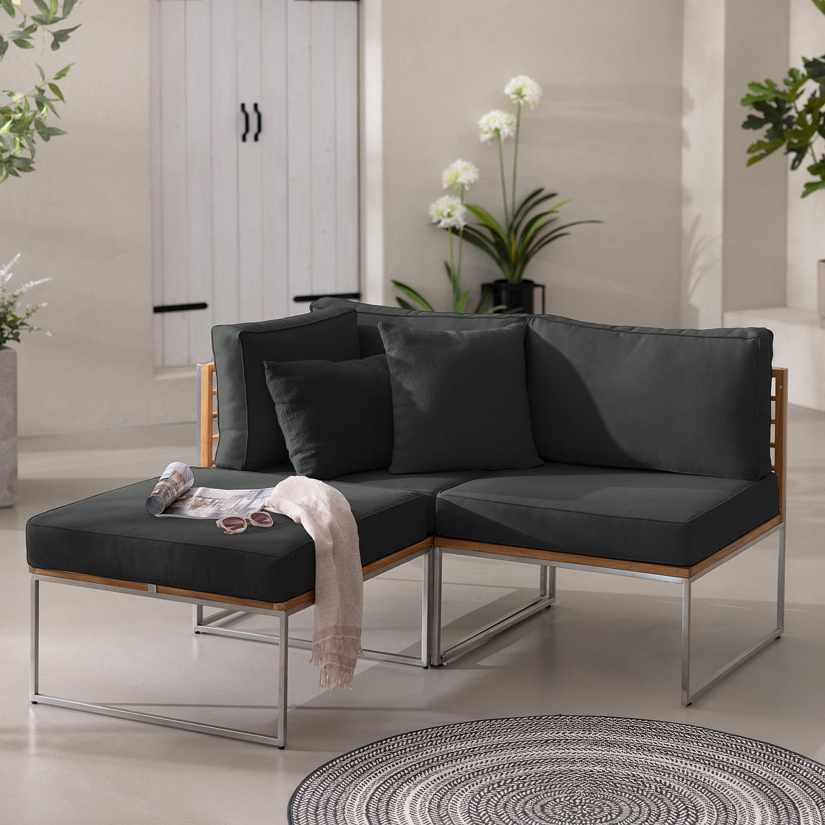 LOUNGESET - 3-teilig - Webstoff / Teak massiv - Anthrazit, Holz/Textil - home24