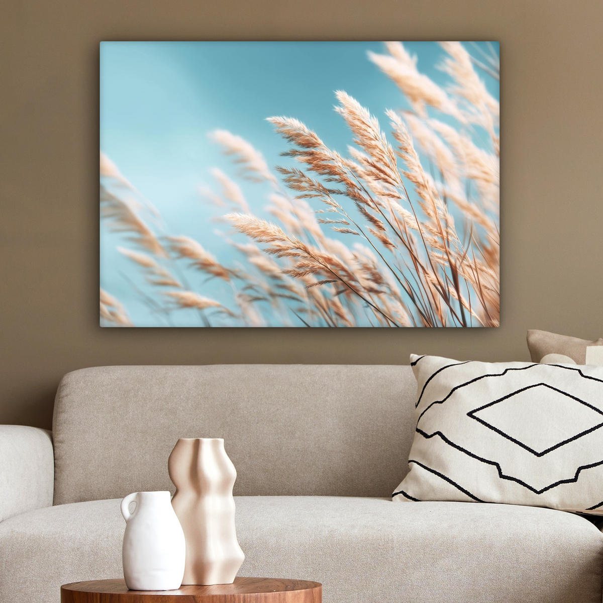 LEINWANDBILD Ziergras - Wind - Hellbraun Wandbilder 80x60 cm - Hellblau, Textil (80/60cm) - MuchoWow