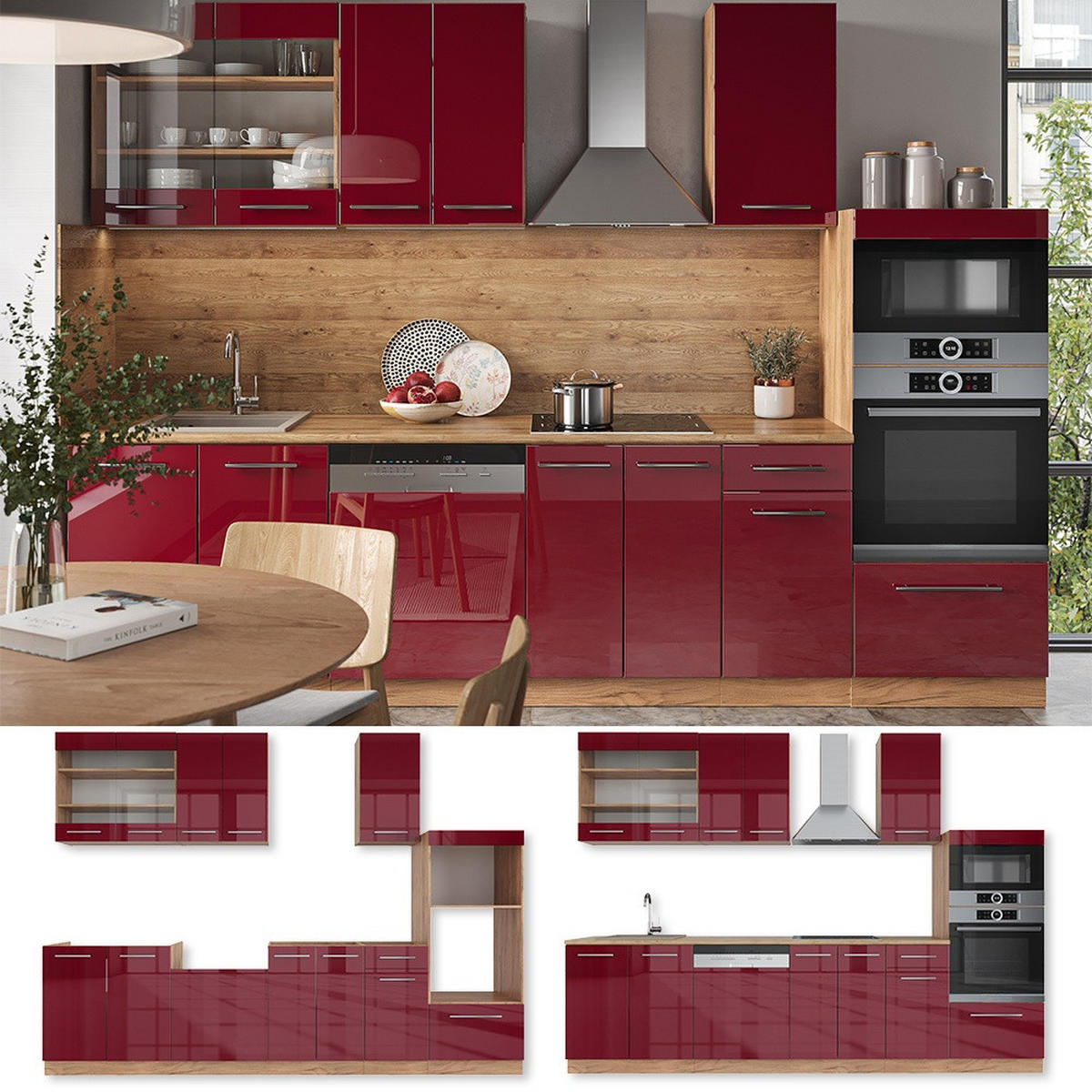 PENTRY Fame-Line Bordeaux högblank/Goldkraft ek 300 cm med högskåp, AP marmor - Bordeaux/Honungsek, Träbaserade material (300/153.6/60cm) - Vicco