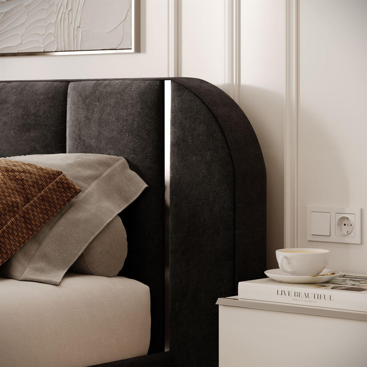 BETT AMARA SILVER 180x200 gepolstert mit Stauraum und Lattenrost, Royal Velvet 254 - Schwarz, Textil - Lookway