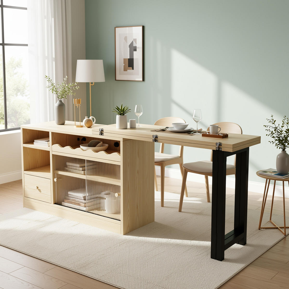 ESSTISCH Multifunktions & Sideboard (klappbar) mit Stauraum - Naturfarben, Holzwerkstoff/Metall (110/120/75cm) - Urban Meuble