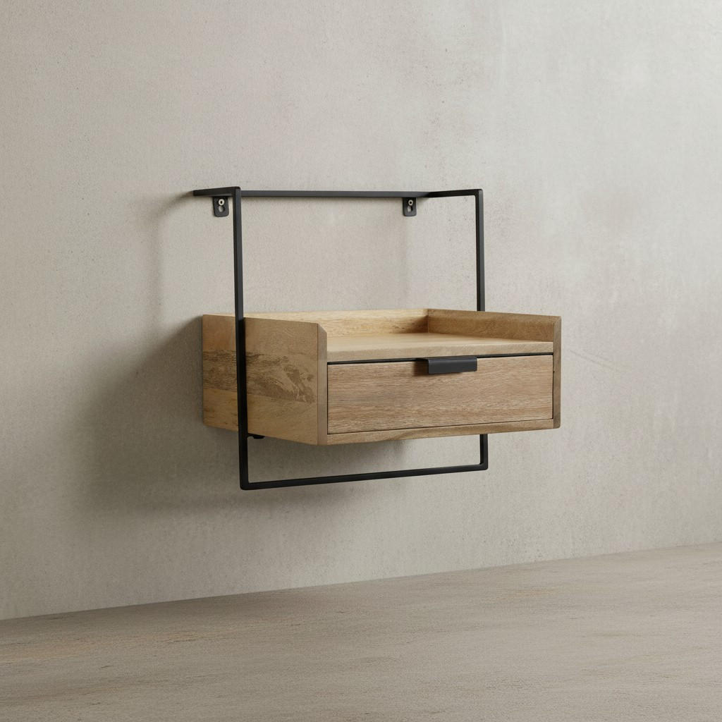 NACHTTISCH Mango Massivholz Wandmontage Schublade Boxspringbett, Beige 44x35x45 cm - Beige/Schwarz, Holz/Metall (44/45/35cm) - KADIMA DESIGN