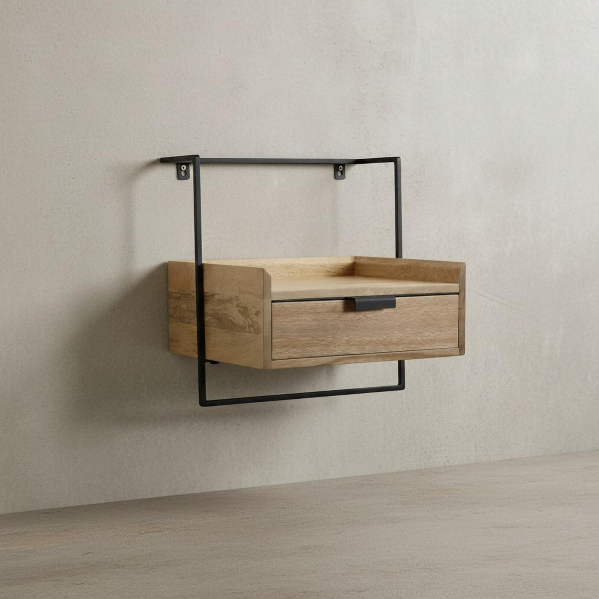 NACHTTISCH Mango Massivholz Wandmontage Schublade Boxspringbett, Beige 44x35x45 cm - Beige/Schwarz, Holz/Metall (44/45/35cm) - KADIMA DESIGN