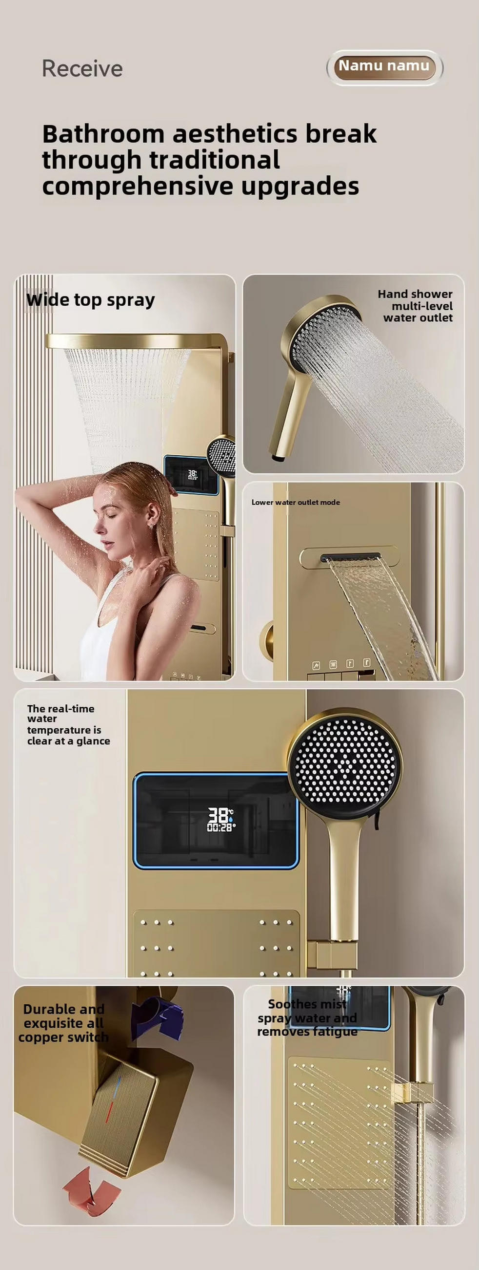 ÜBERKOPFBRAUSESET LED Regendusche Wandmontage Digital - Goldfarben, Metall (60.7/105.5/45.8cm) - Kaket