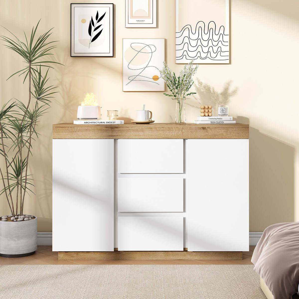 SIDEBOARD Eicheoptik E1-Spanplatte 2 Schubladen klassisches Design Stauraum - Eichefarben/Weiß, Holzwerkstoff/Metall (120.5/82.5/40.2cm) - EVRYAE