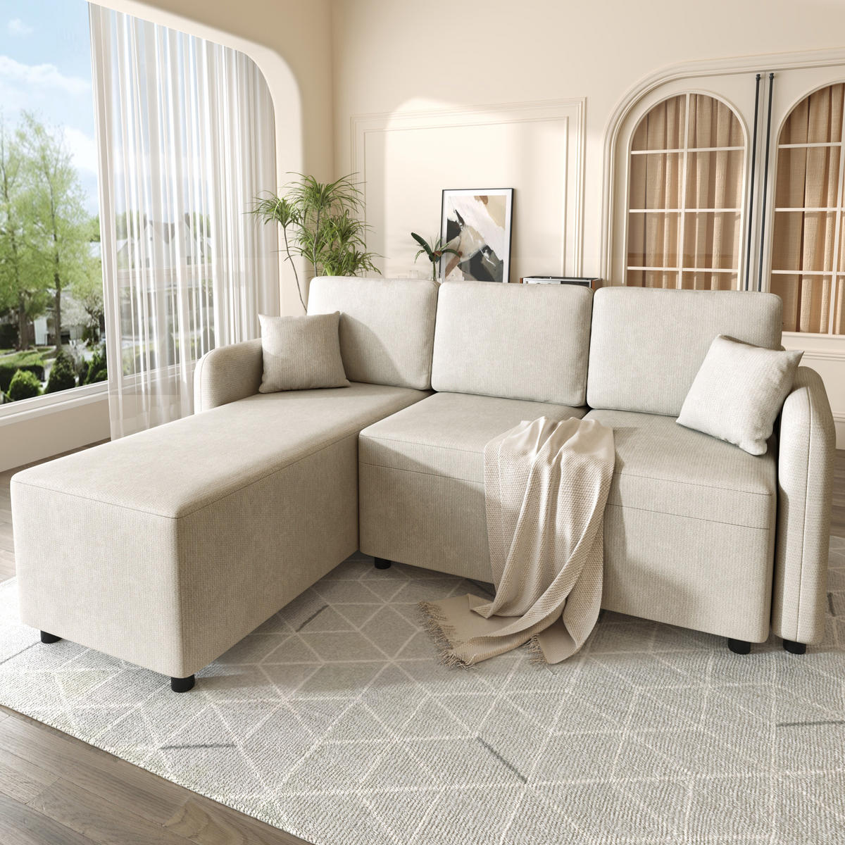 ECKSOFA 187.5/144/85.5 cm Hellbeige Chenille mit 2 Kissen - Beige, Holz/Textil (187.5/144cm) - Oxeza