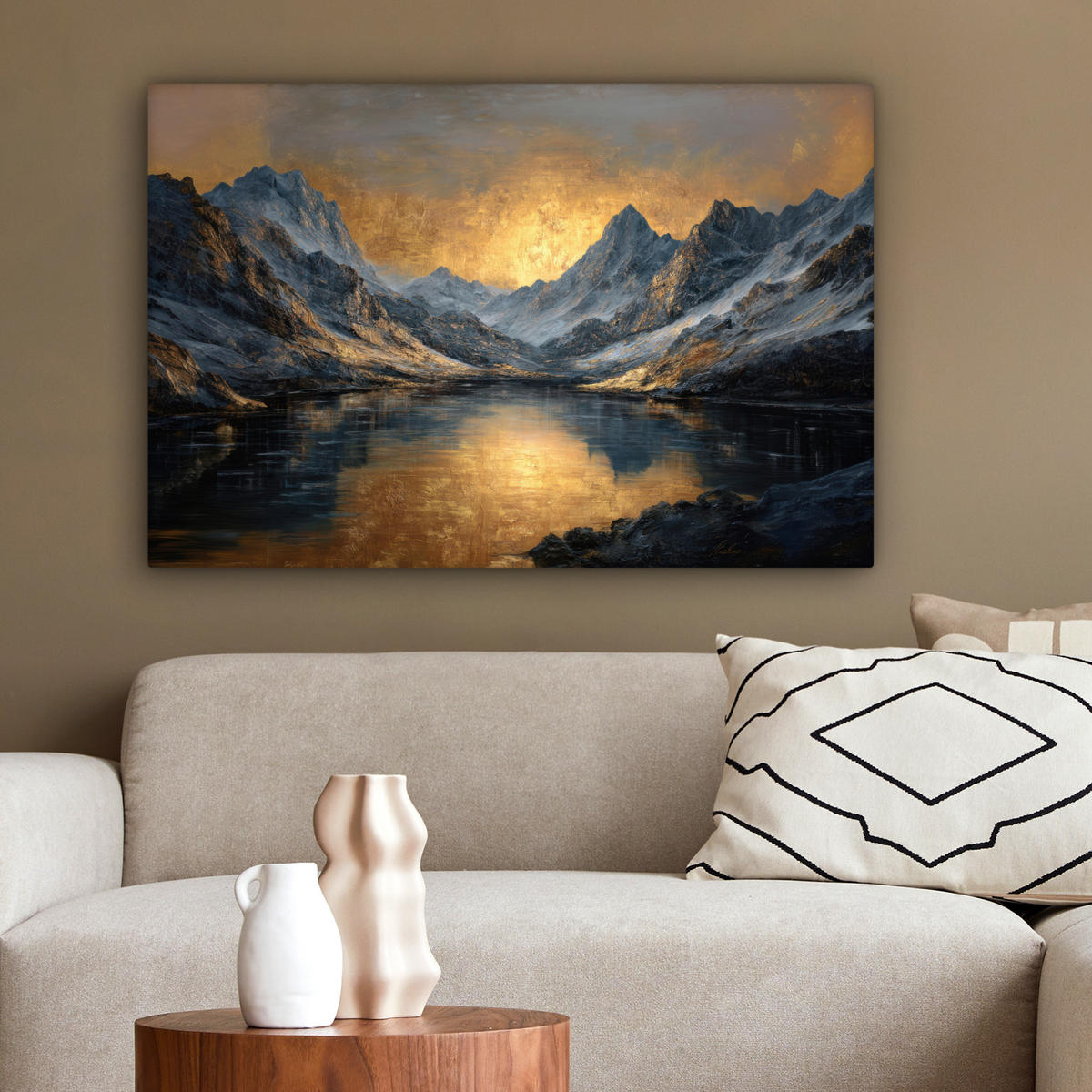 LEINWANDBILD Bergkulisse mit goldenem Sonnenuntergang Wanddeko 90x60 cm - Goldfarben, Textil (90/60cm) - MuchoWow