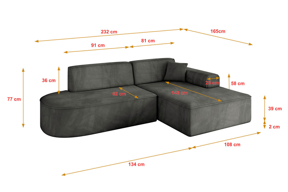 ECKSOFA Ottomane Rechts IREA-L1-v3 - 232x165x77 cm Ecru - Anthrazit, Holzwerkstoff/Textil (232/165cm) - ALTDECOR