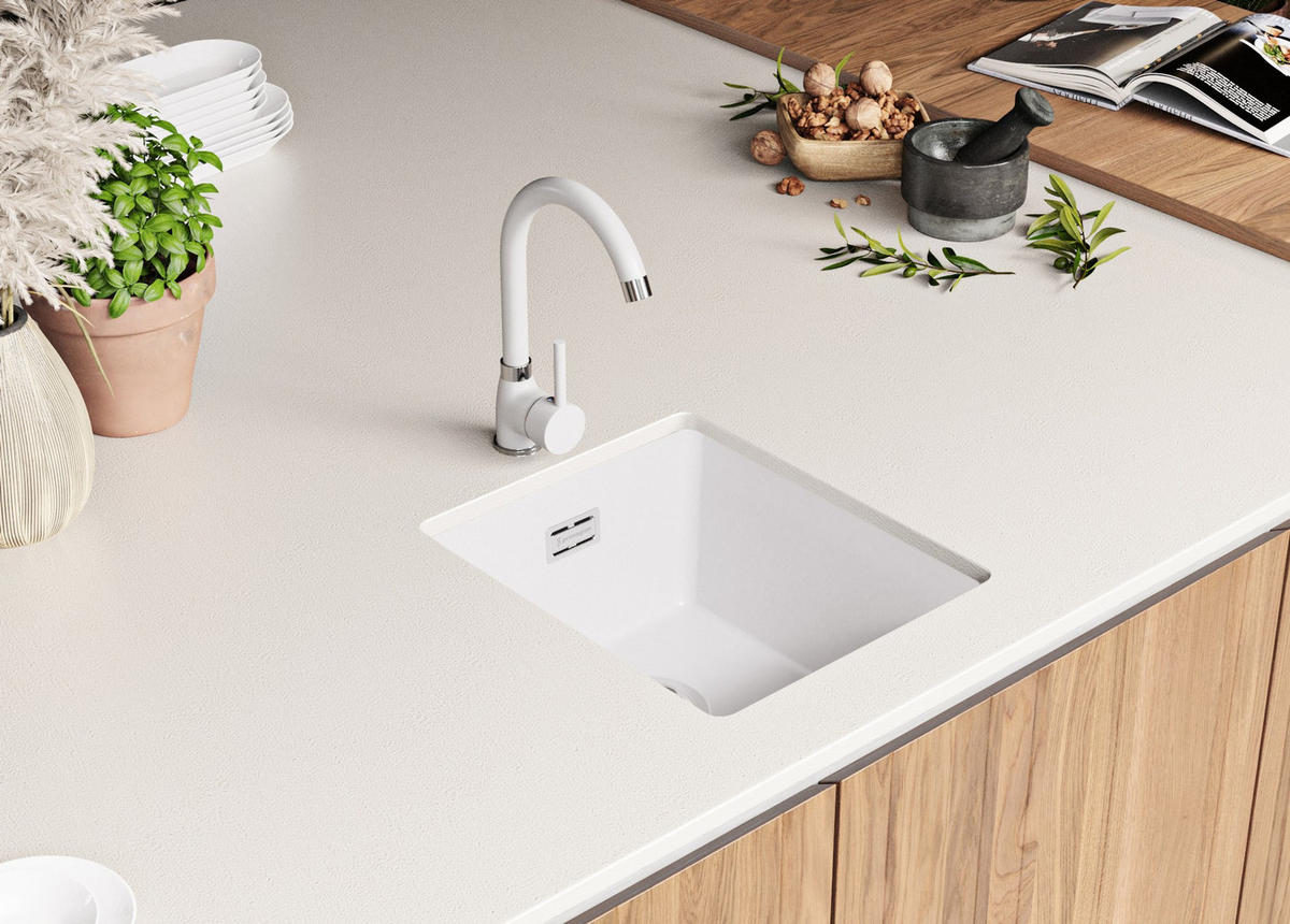 UNTERBAUSPÜLE GRANIT London, 2-er set Alles Weiß 36/47 cm 1 Becken + Ablauf-Set ab 40er Unterschrank - Weiß, Kunststoff (36/20/47cm) - Primagran