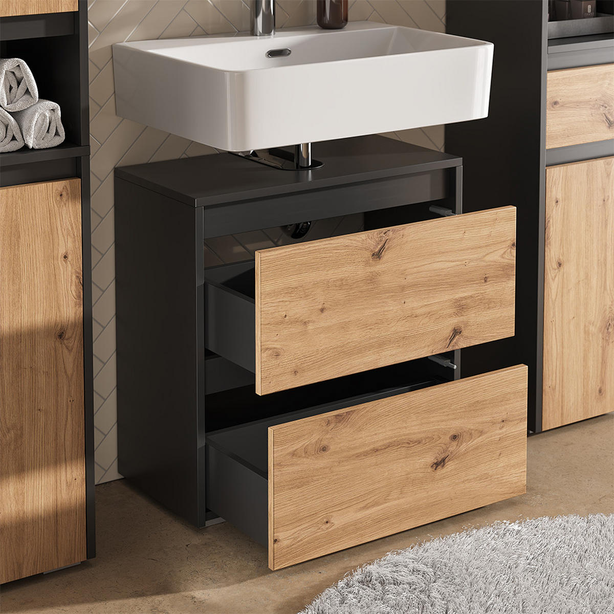 BADMÖBEL-SET Majest Anthrazit/Artisan 4 Teile - Anthrazit/Hellgrau, Holzwerkstoff (60.1/62/30.1cm) - Vicco