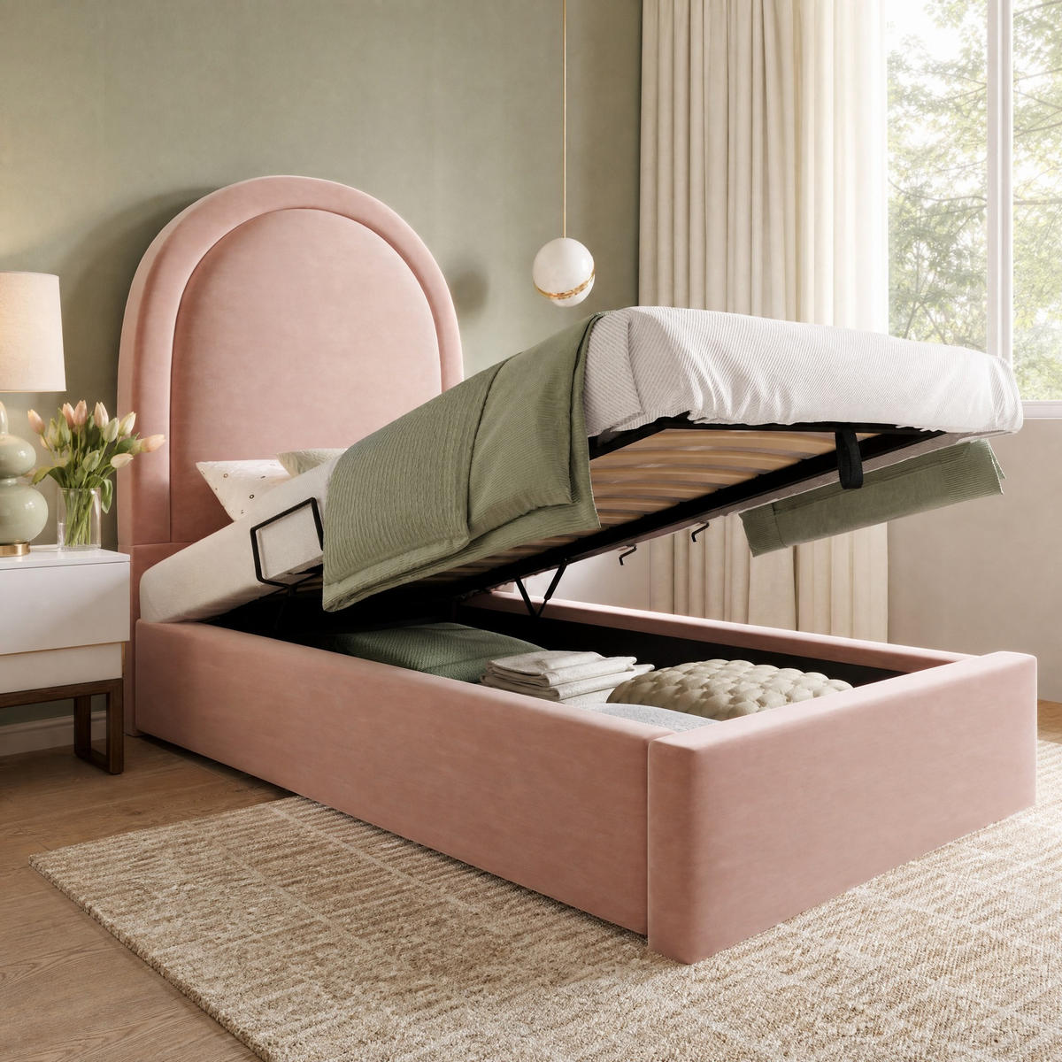 POLSTERBETT 90/200 mit Bettkasten und hydraulischem Lattenrost in Rosa - Rosa, Holzwerkstoff/Textil (90/200cm) - EVRYAE