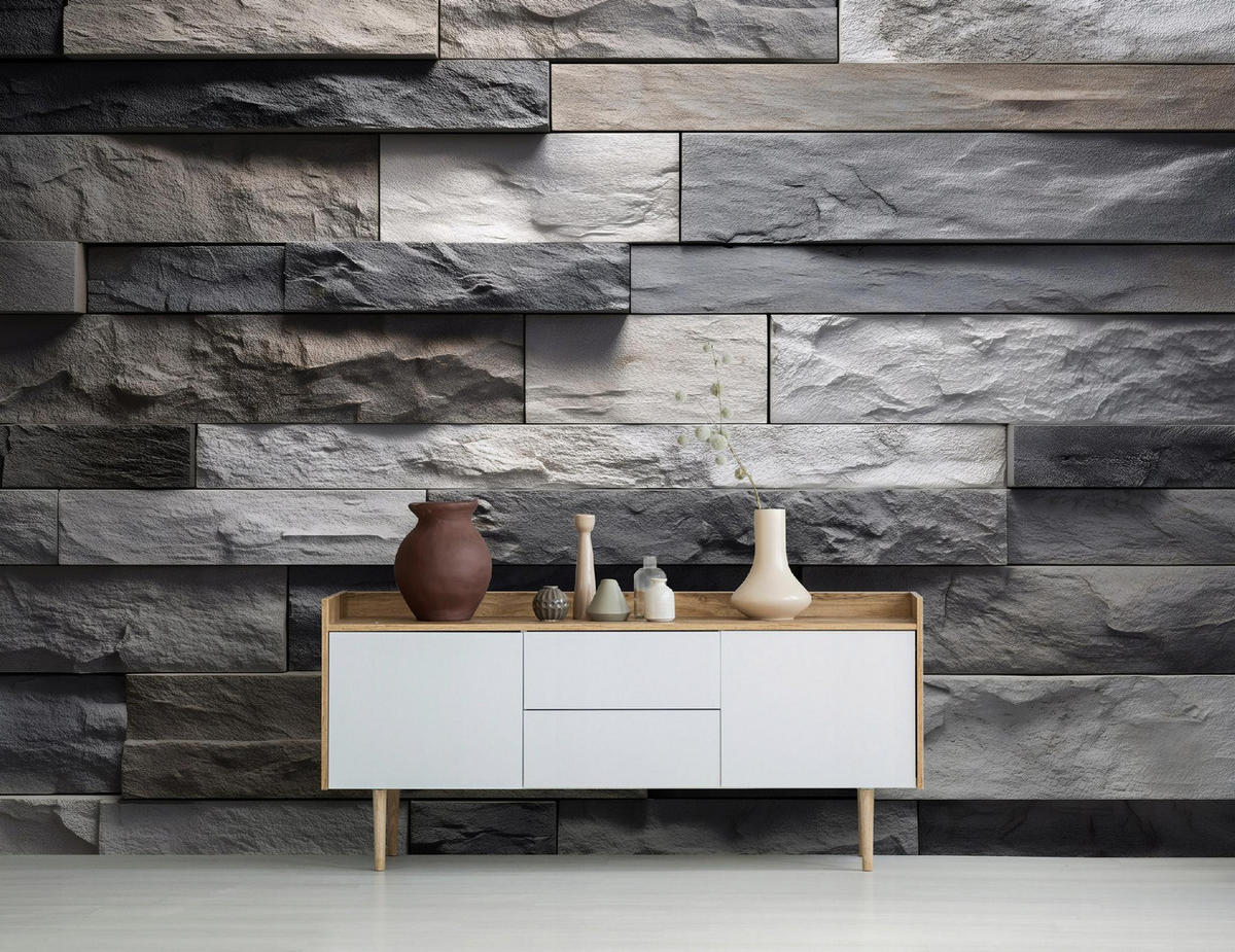 FOTOTAPETE Ziegel Stein Grau 200x140 cm - Multicolor, Papier (200/140cm) - Wallarena