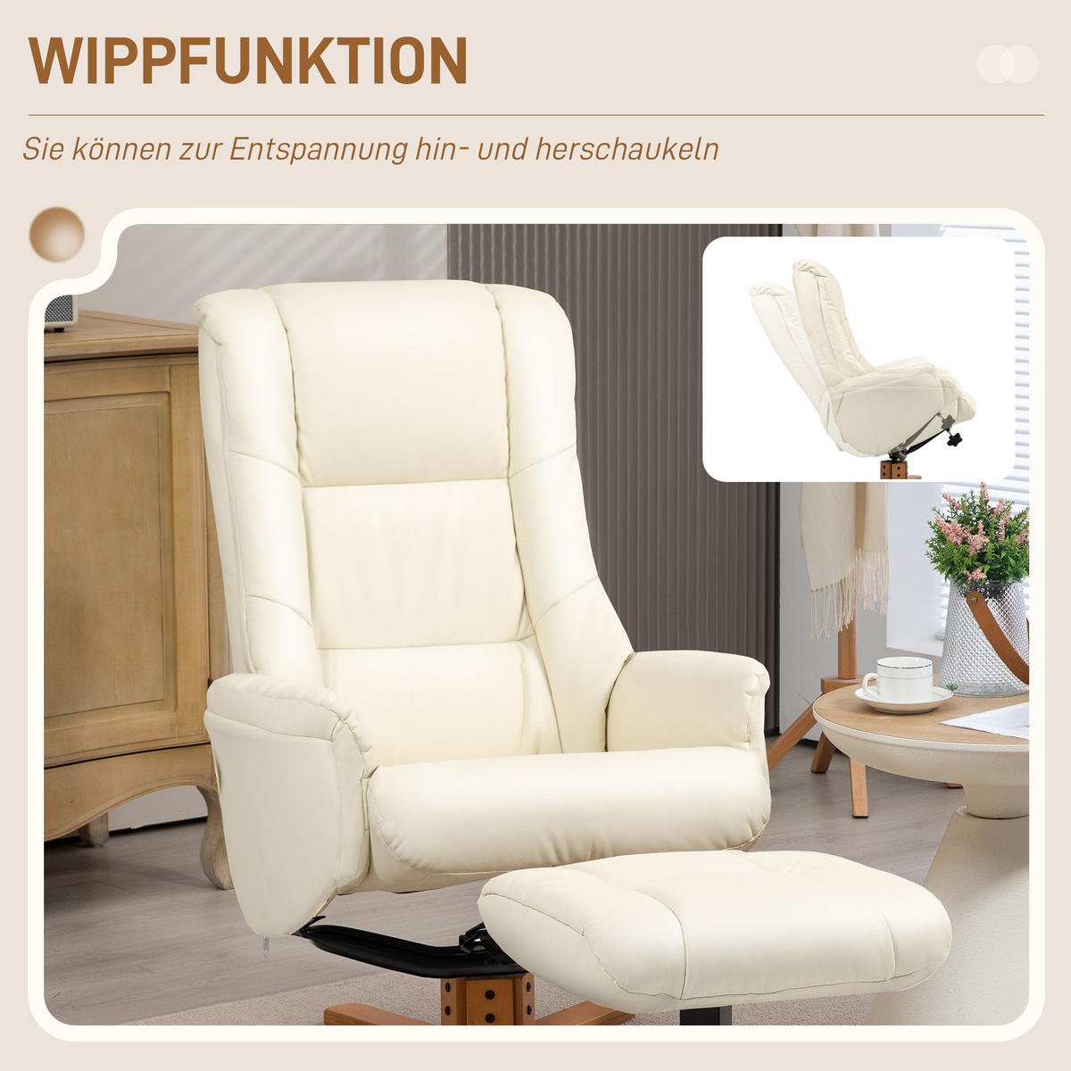 RELAXSESSEL mit Hocker, Fernsehsessel mit Liegefunktion, Wippfunktion, Schwarz - Creme/Weiß, Holz/Kunststoff (84/102/71cm) - HOMCOM
