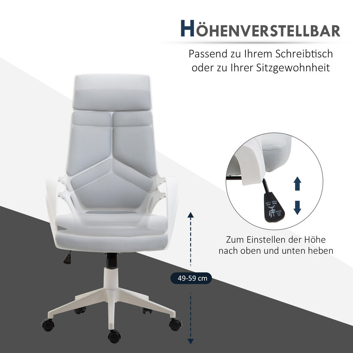 BÜROSTUHL Ergonomischer Schreibtischstuhl mit Armlehne, Wippfunktion Grau - Weiß/Grau, Kunststoff/Textil (63/127/63cm) - HOMCOM