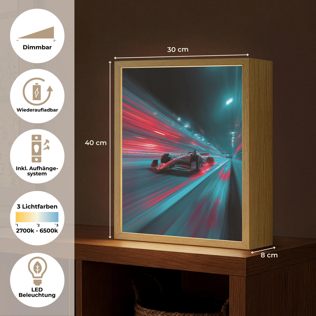 DOBÍJECÍ NOČNÍ LAMPIČKA Závodní auto - Červená - Rychlost 30x40 cm - tyrkysová, kompozitní dřevo (8/30/40cm) - OnlyWow