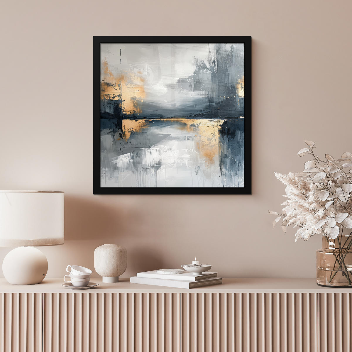 ZARÁMOVANÝ PLAGÁT Umenie - sivé - zlaté - abstraktné 40x40 cm - tmavosivá, papier (40/40cm) - MuchoWow