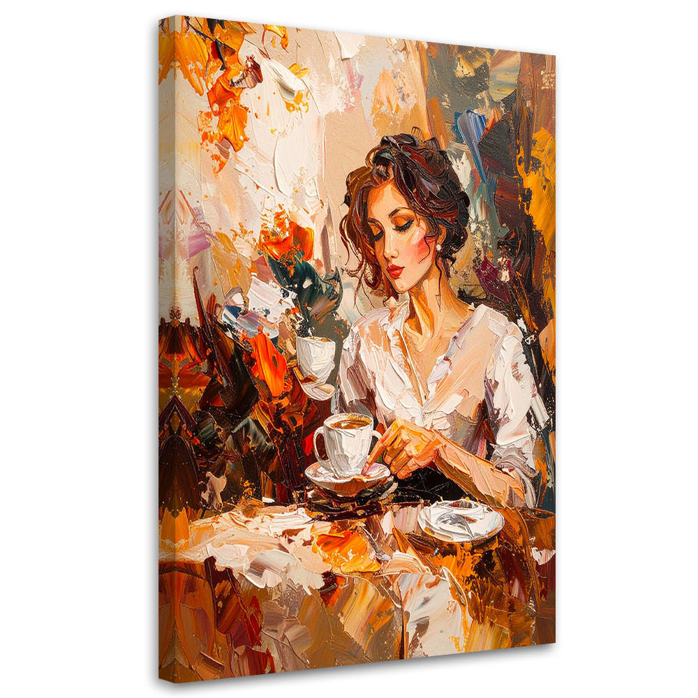 LEINWANDBILD Frau trinkt Kaffee Imitation von Farbe 60x90cm - Orange, Textil (60/90cm) - Feeby