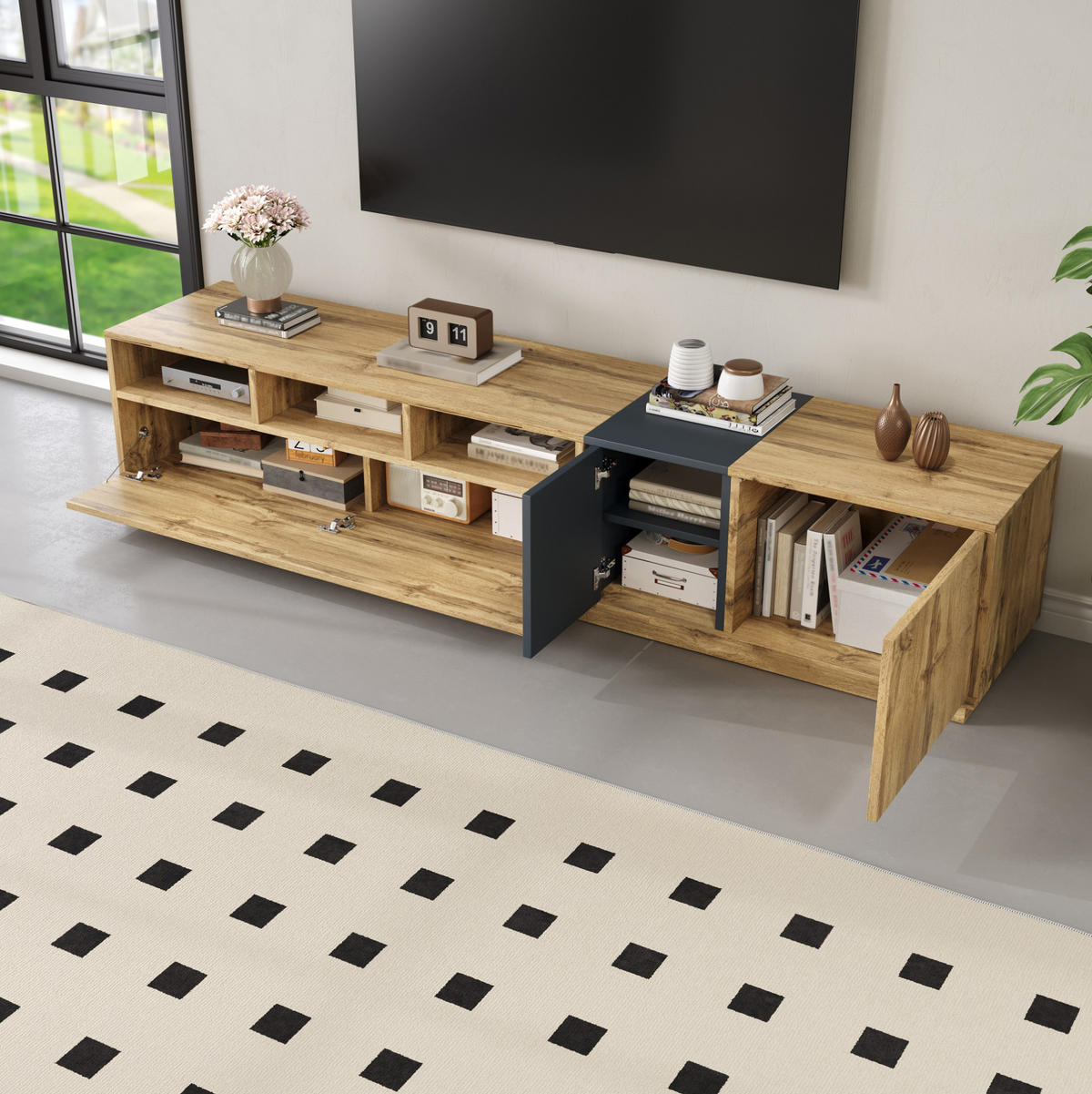 TV-LOWBOARD 200/45/45 cm mit Kabeldurchlass und 3 Türen - Schwarz, Holzwerkstoff (200/45/45cm) - BEAOK