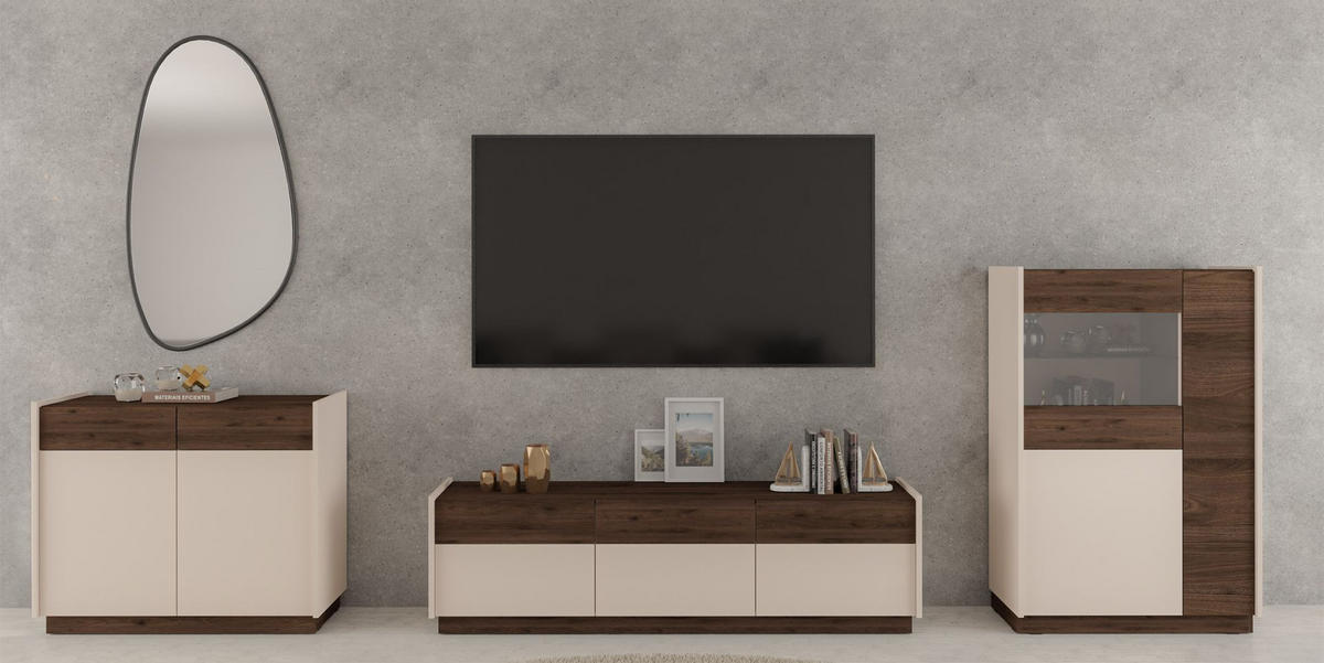 VITRINE Kobbe Beige / Nussbaum 85 cm - Beige, Holzwerkstoff (85.4/130/40cm) - Selsey