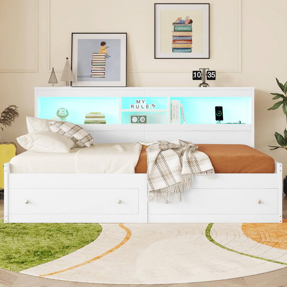 TAGEBETT 90x200cm Weiß Spanplatte Nachtkästchen 2 USB Ambiente-Licht - Weiß, Holz (90/200cm) - FLIEKS