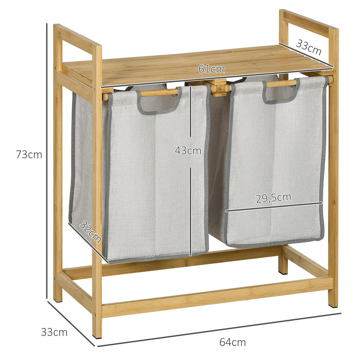WÄSCHEKORB, 81,2 L Wäschebox mit 2 abnehmbaren Wäschesacke, Bambus, Natur - Naturfarben, Kunststoff (33/73/64cm) - HOMCOM