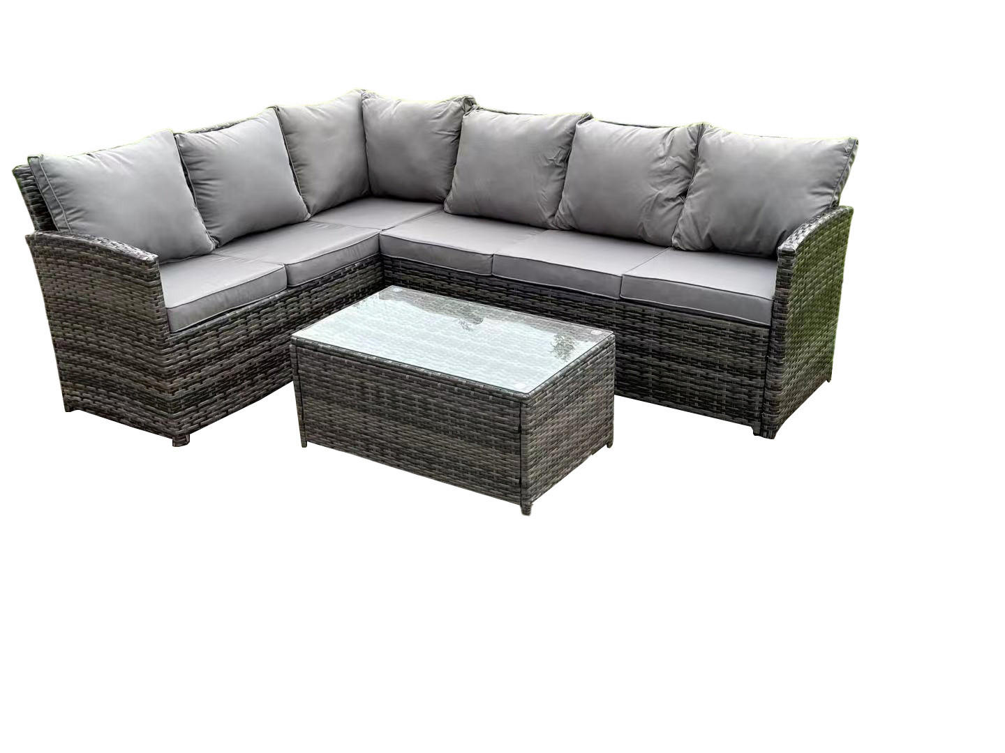 GARTENMÖBEL SET mit Länglicher Couchtisch Polyrattan Dunkelgrau 6-Sitzer - Dunkelgrau/Grau, Glas/Kunststoff - Fimous