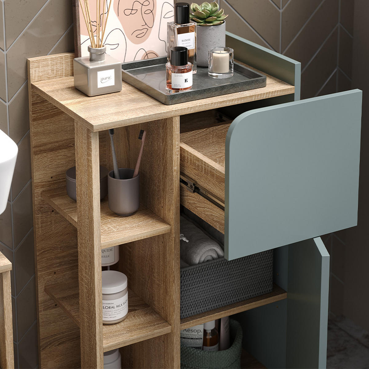 BADMÖBEL-SET Karen Blau-Grau 3 Teile, mit Midischrank - Dunkelblau/Sonoma Eiche, Holzwerkstoff (60/65/35cm) - Vicco