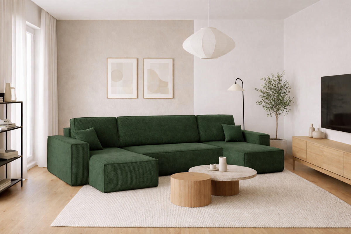 ECKSOFA Mit Schlaffunktion Und Bettkasten BEST Dicker Cord Poso Grün - Grün, Holz/Textil (312/142cm) - Kaiser Möbel