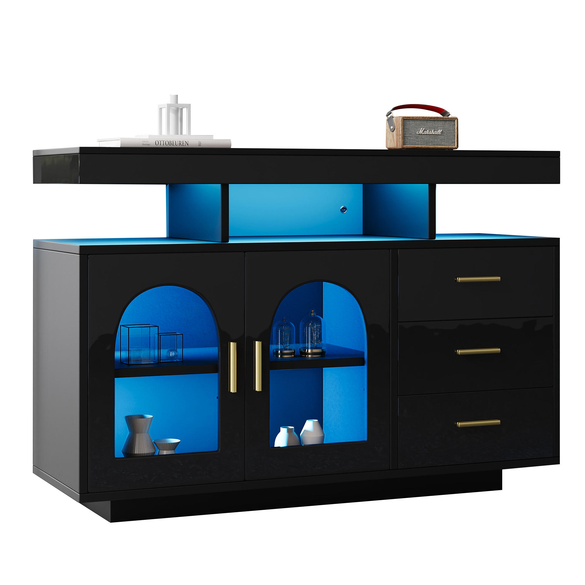 SIDEBOARD DE-37782 mit LED-Beleuchtung und 3 Schubladen Schwarz - Schwarz, Holzwerkstoff (120/80/40cm) - ComfortXL