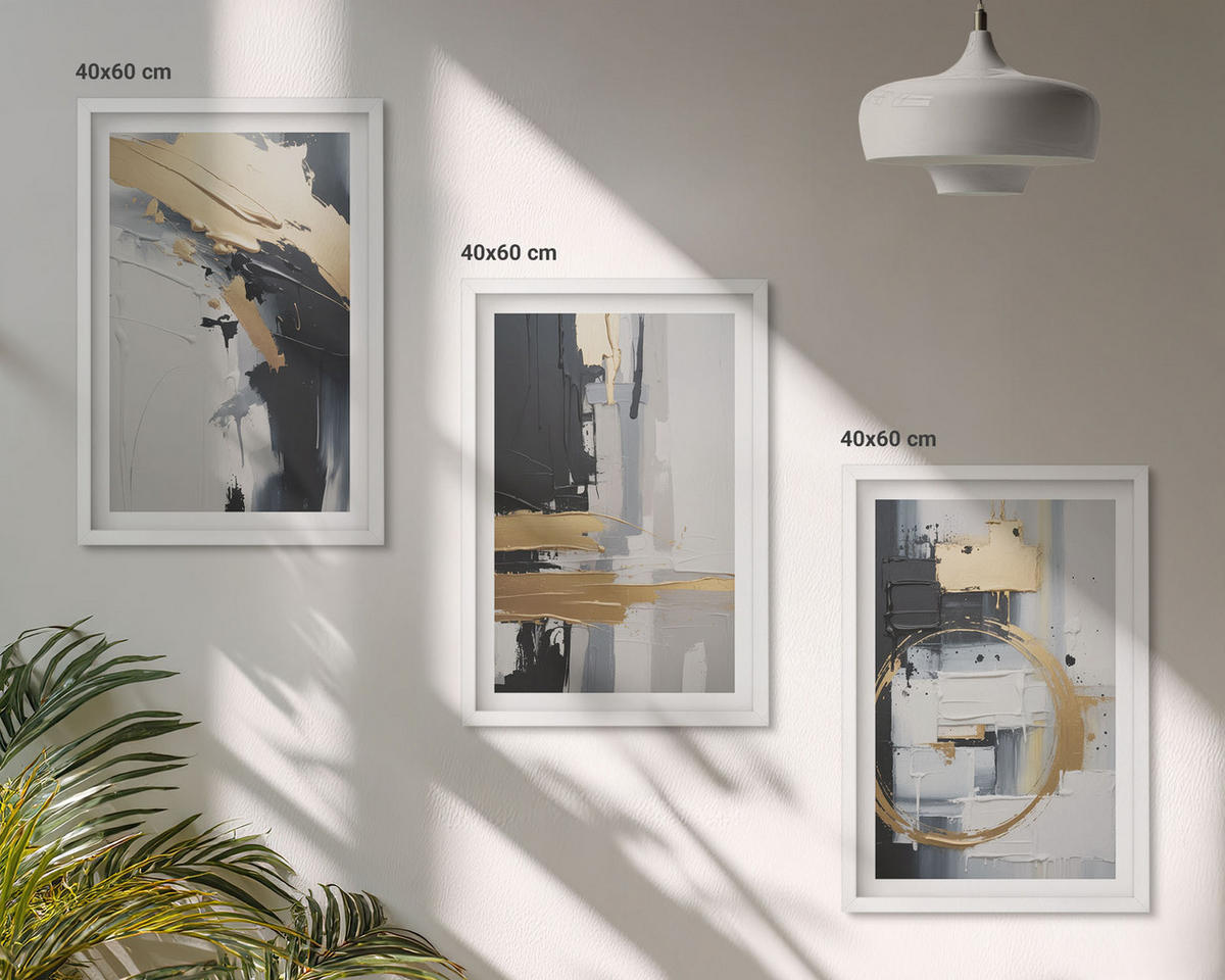 WANDBILDER 3er-Set - 40x60 cm Weißer Rahmen - Abstrakte Schwarz-Weiß-Malerei - Weiß, Kunststoff (40/60cm) - ArtPrintCave