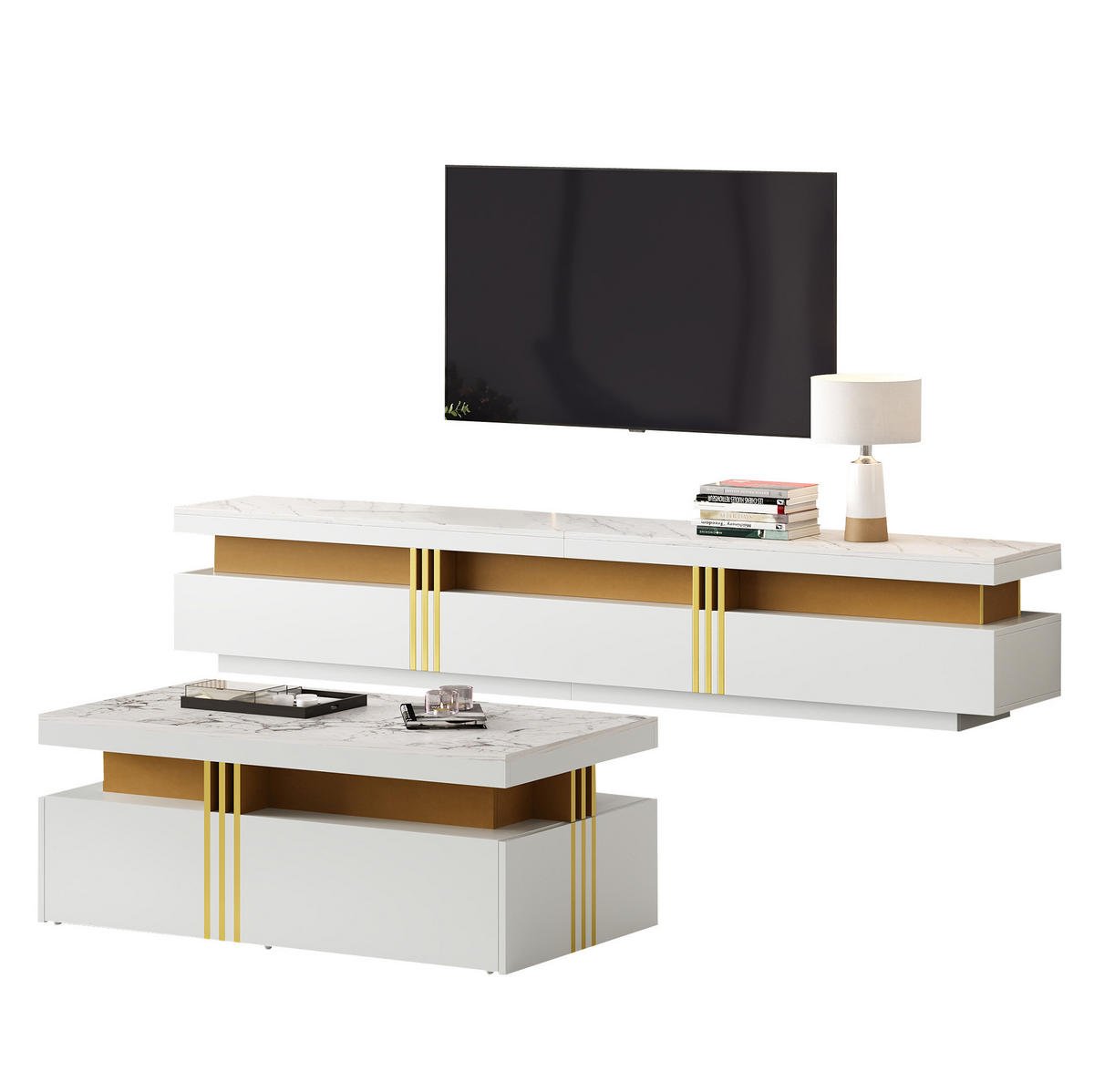 TV-ELEMENT aus Spanplatte, TV-Schrank 200x40x42 cm und Couchtisch 100x50x40 cm, Weiß, mit Schubladen und Marmor-Optik - Weiß, Holzwerkstoff (200/42/40cm) - Modfu