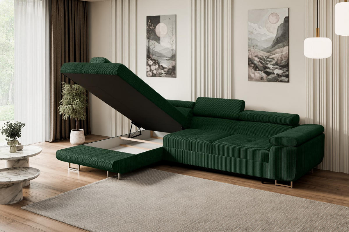 ECKSOFA mit Schlaffunktion und Bettkasten GUSA-L 272x202x107 cm Grün Cord - Silberfarben/Grün, Holzwerkstoff/Textil (202/272cm) - ALTDECOR