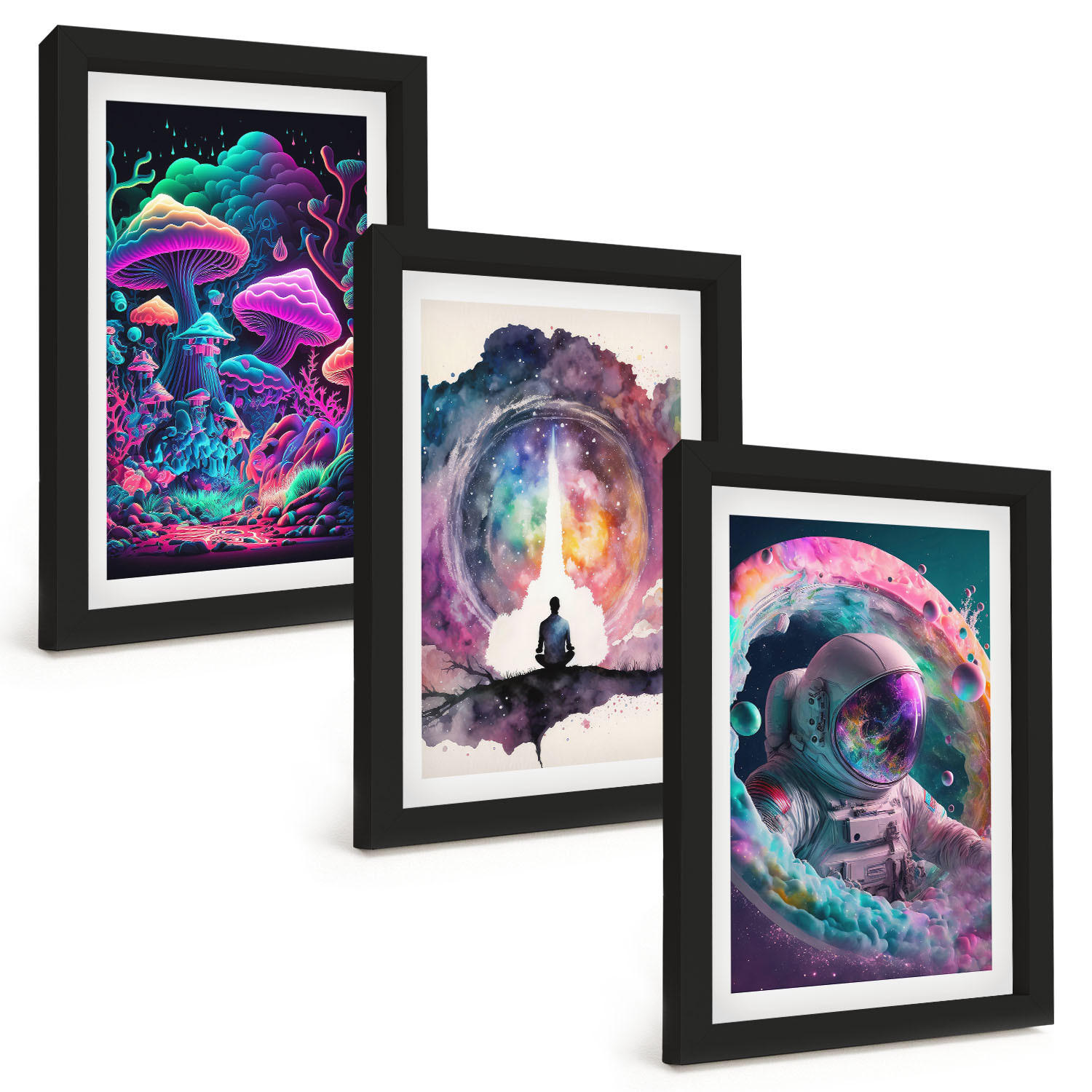 BILDER SET 3er Set - 20x30 cm Schwarzer Rahmen - Farbenfrohe Fantasy-Kunstillustrationen - Schwarz, Kunststoff (20/30cm) - TULUP