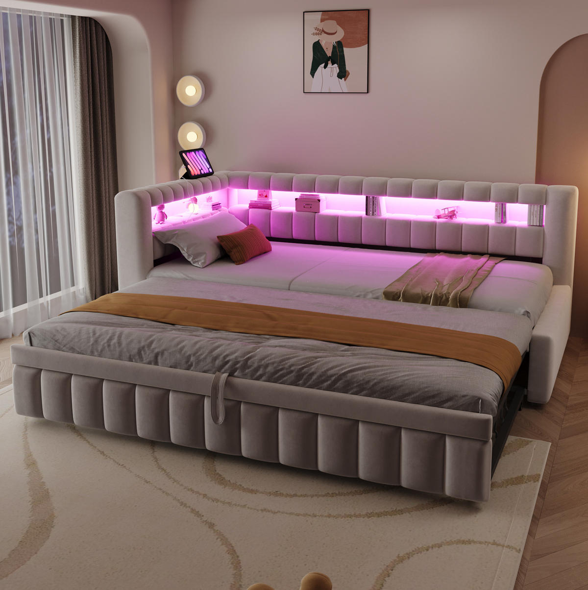ROZKLÁDACÍ čalouněná postel 90/200 cm s LED osvětlením, USB-C portem a výsuvným lůžkem, Béžová - béžová, textil (90/200cm) - Redom