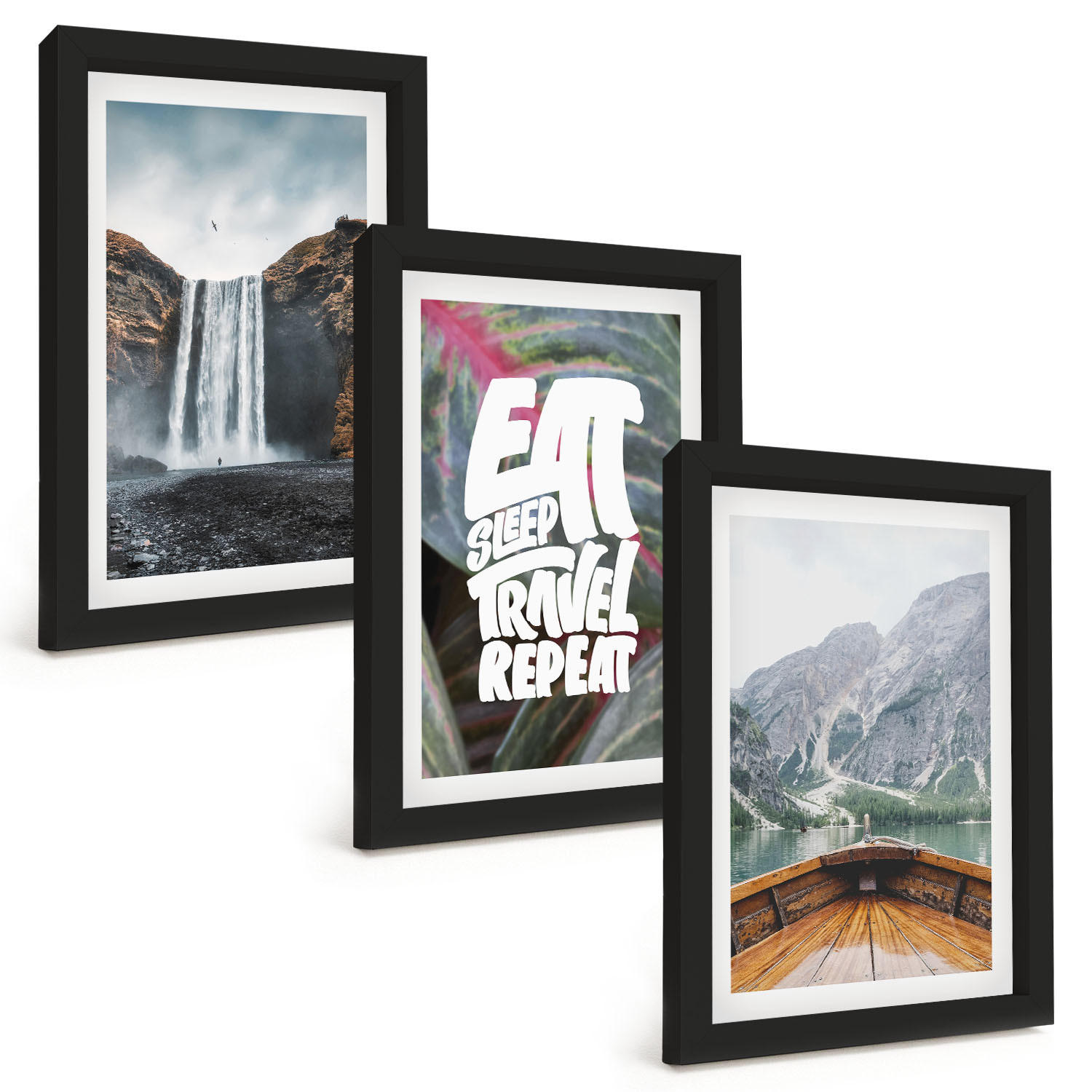BILDER SET 3er Set - 20x30 cm Schwarzer Rahmen - Wasserfall Berge Natur Boot - Schwarz, Kunststoff (20/30cm) - TULUP