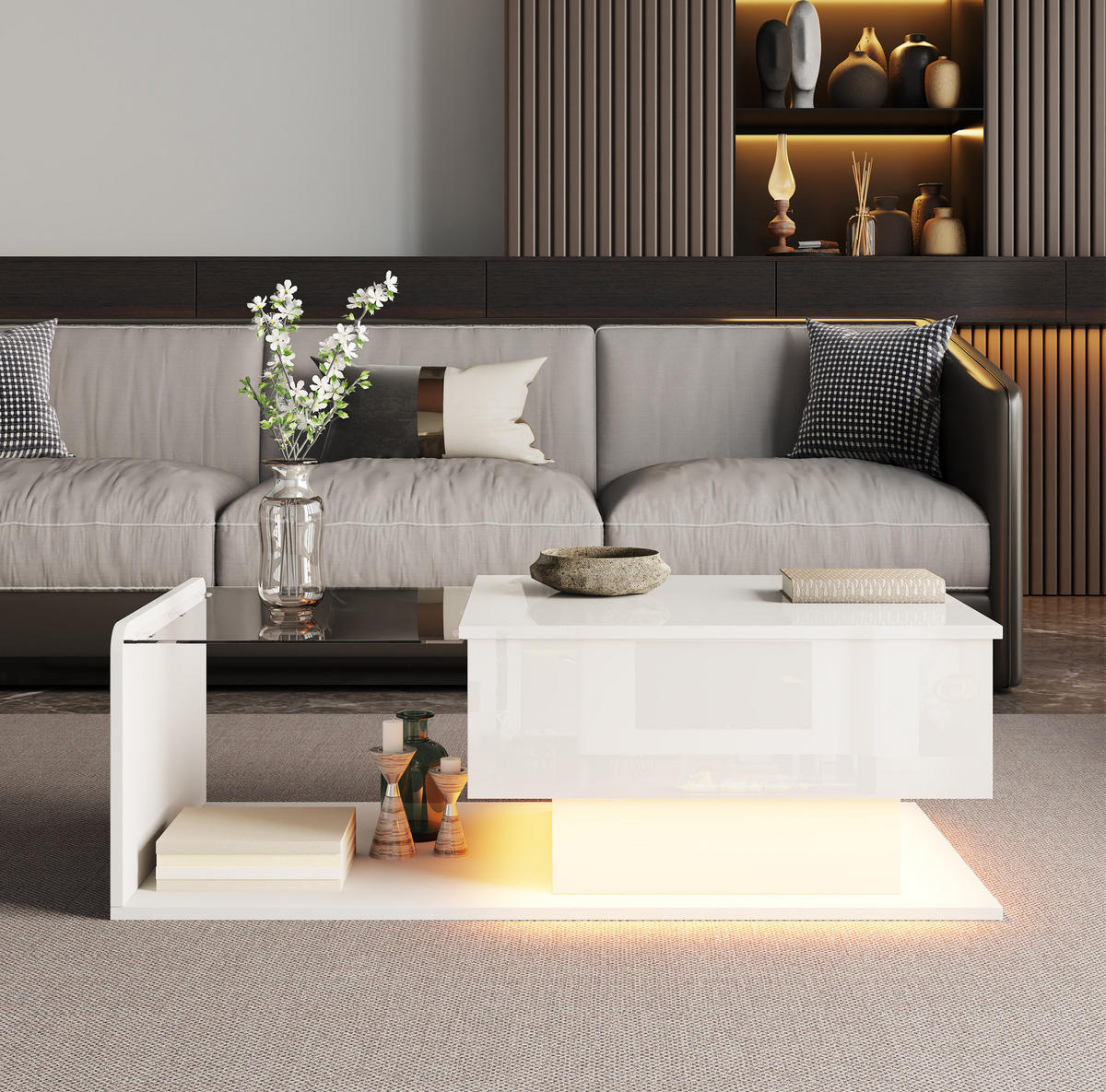 KONFERENČNÍ stolek, 100/50/33-47,5 cm bílý, s výškově nastavitelnou deskou a LED - bílá, kompozitní dřevo (100/50/47.5cm) - BEAOK