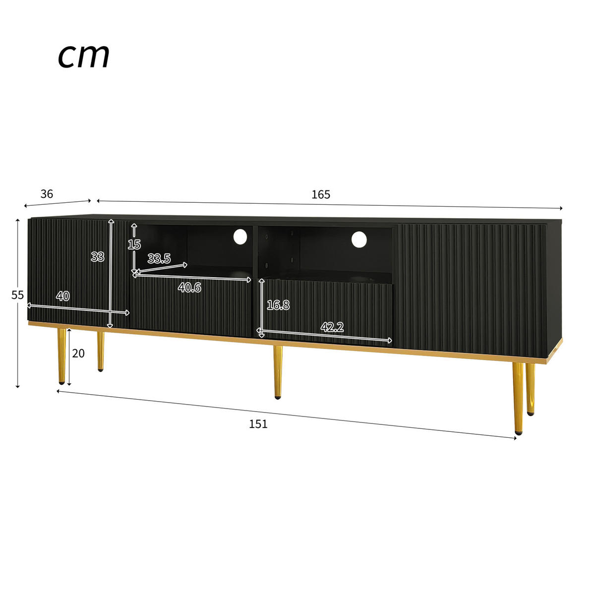 LOWBOARD 165/36/55 cm mit 2 Schubladen und Push-to-Open-System - Schwarz, Holzwerkstoff (165/55/36cm) - BEAOK