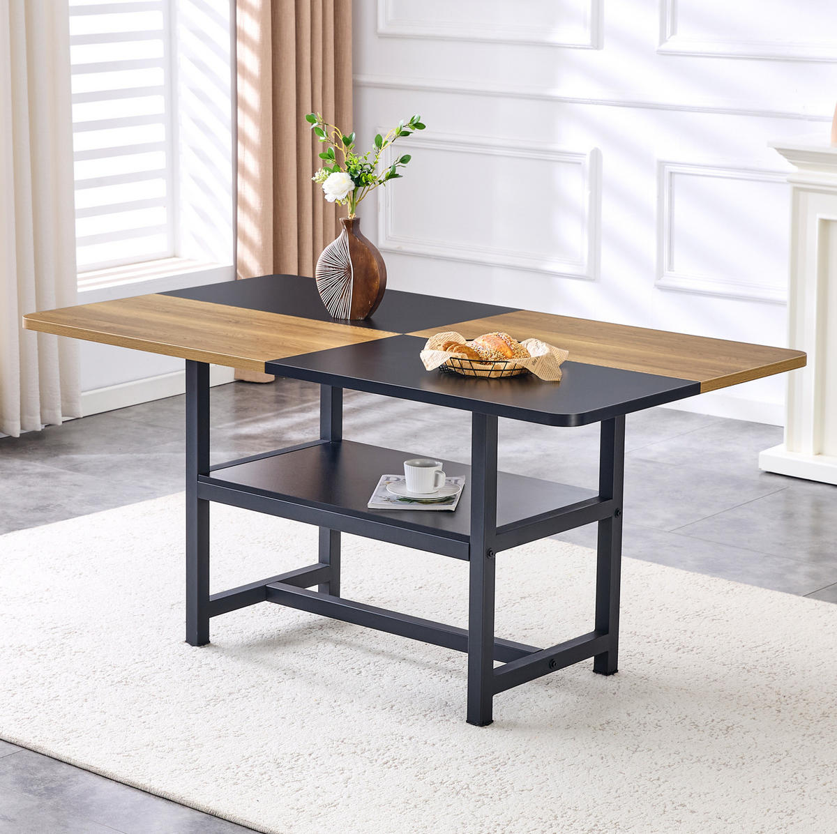 ESSTISCH 160/76/90 cm Schwarz/Braun aus MDF und Metall mit Ablagefach - Schwarz, Holzwerkstoff (160/90/76cm) - OKMYHOME