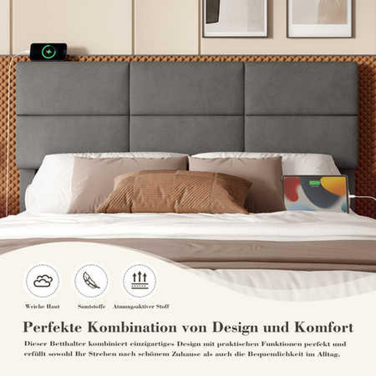 POLSTERBETT 140x200cm Dunkelgrau Velours mit höhenverstellbarem Kopfteil, dimmbarer LED, USB/Type-C und hydraulischem XXL-Stauraum - Dunkelgrau, Textil (140/200cm) - Luhomfu